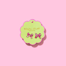 Load image into Gallery viewer, Stud Earrings - Acrylic Ribbon Bows - Pink + Silver Confetti