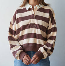Load image into Gallery viewer, Knit Cotton Polyester Striped Half Button Up Top
