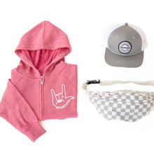 Load image into Gallery viewer, I Love You Sign. Youth Zip Hoodie ~ Pomegranate
