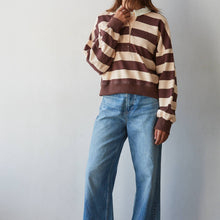 Load image into Gallery viewer, Knit Cotton Polyester Striped Half Button Up Top
