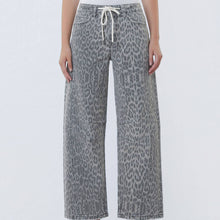 Load image into Gallery viewer, High Rise Drawstring Grey Leopard Barrel Jeans

