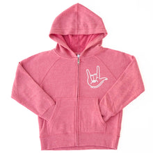 Load image into Gallery viewer, I Love You Sign. Youth Zip Hoodie ~ Pomegranate
