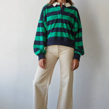 Load image into Gallery viewer, Knit Cotton Polyester Striped Half Button Up Top
