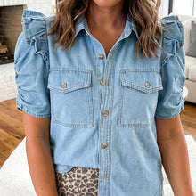 Load image into Gallery viewer, Ruffle Detail Button Down Pocket Denim Shirt
