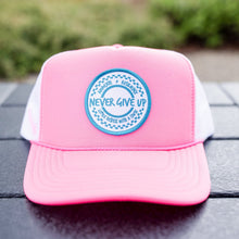 Load image into Gallery viewer, Advocate. Resilience. Never Give Up. Trucker Hat ~ Pink
