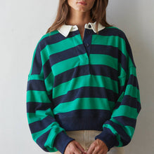Load image into Gallery viewer, Knit Cotton Polyester Striped Half Button Up Top
