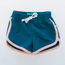 Load image into Gallery viewer, TRACK SHORTS in DEEP TEAL + PINK TRIM | KIDS
