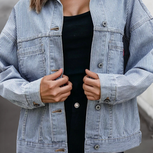 Load image into Gallery viewer, Stripe Washed Oversize Pocketed Denim Jacket

