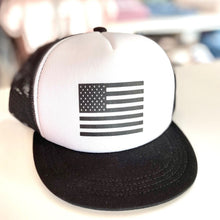 Load image into Gallery viewer, Flat Brim Trucker Hat: USA Flag (baby + youth)
